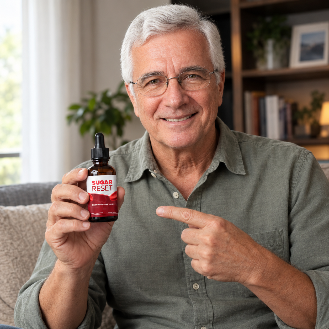 Harold Jennings holding Sugar Reset bottle and pointing at a glucose meter reading 98 mg/dL
